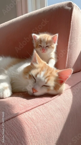 Fototapeta Adorable Ginger Kittens Relaxing Together on a Soft Pink Sofa