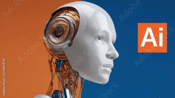 Fototapeta Futuristic Robotic Head with Detailed Mechanics and Blue Orange Background