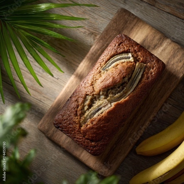 Fototapeta Freshly Baked Banana Bread on Wooden Board with Bananas Nearby