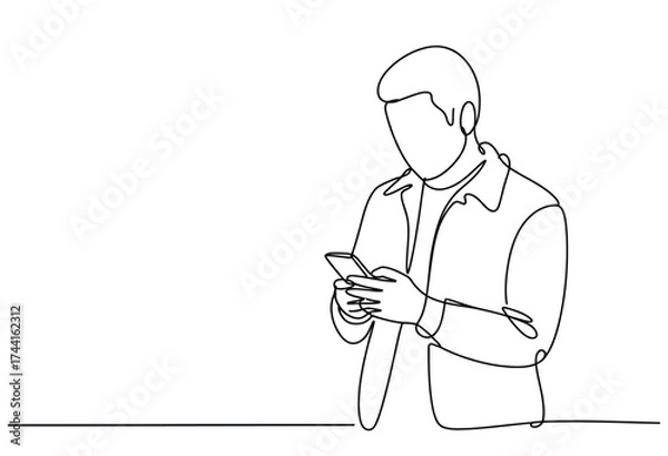 Fototapeta Minimalist line art depicting a person engaged with their smartphone in a modern style