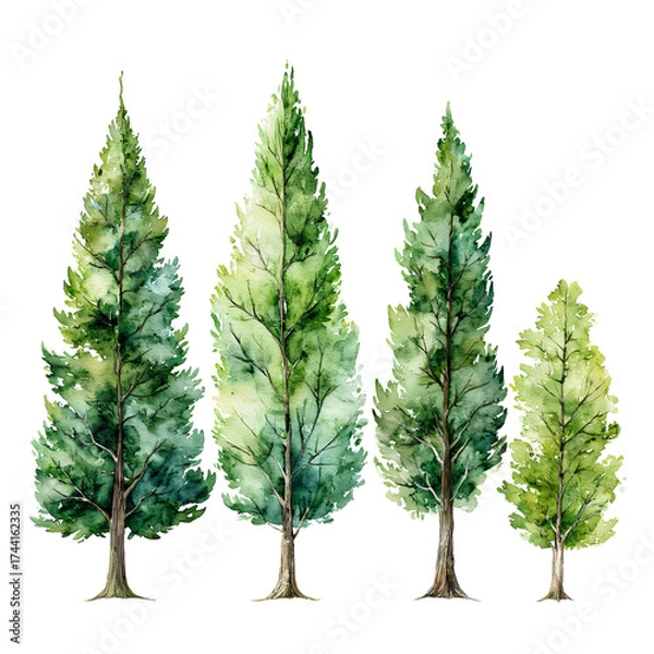 Fototapeta a watercolor painting depicts four coniferous trees of varying shades of green standing in a row against a white background.