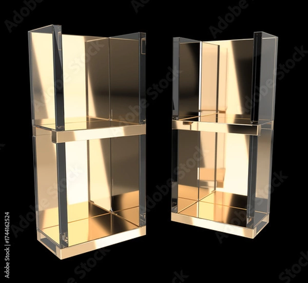 Fototapeta Сlose-up of hanging retail acrylic clear gold display stand for cosmetics and perfume store. 3d illustration isolated on black