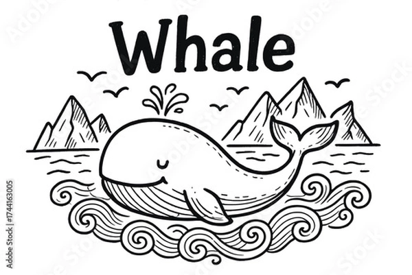 Fototapeta Doodle Arctic Whale. Doodle arctic whale with waves, icebergs, and birds, center word “Whale” in black and white isolated
