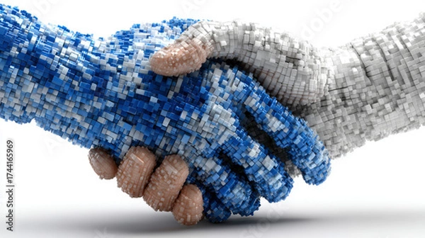 Obraz Two hands, one blue and one gray, clasped together in a handshake.