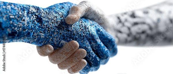 Obraz Two hands clasped in a handshake, one blue, one gray, symbolizing agreement.