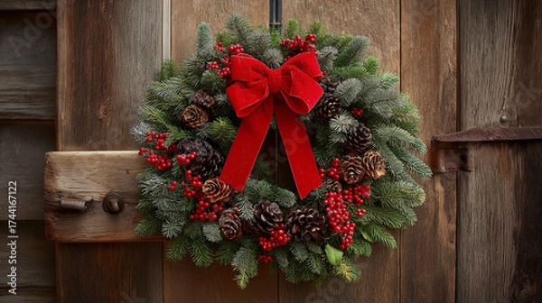 Fototapeta A stylishly decorated Christmas wreath made of fresh pine, adorned with red berries, pinecones, and a large red bow. The wreath hangs beautifully on a rustic wooden door, welcoming guests