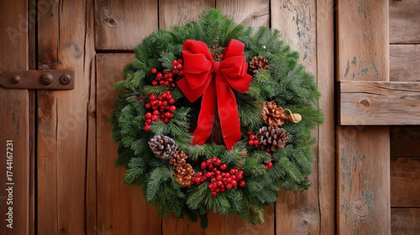 Fototapeta A stylishly decorated Christmas wreath made of fresh pine, adorned with red berries, pinecones, and a large red bow. The wreath hangs beautifully on a rustic wooden door, welcoming guests