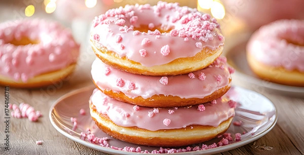 Obraz Sweet pink frosted donuts stacked invitingly on a plate