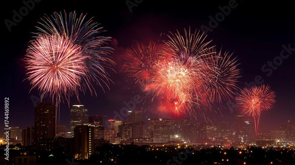 Fototapeta A stunning fireworks display over a city skyline at midnight on New Year's Eve.