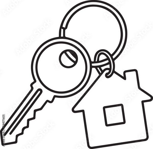 Fototapeta Simple line art drawing of house key and keychain charm representing home ownership and property