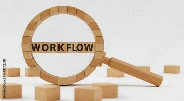 Fototapeta Analyzing Business Workflow Process with Magnifying Glass Made of Wooden Blocks