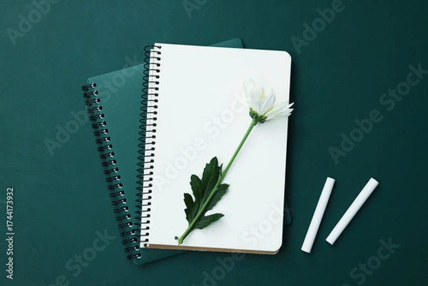 Fototapeta Happy Teacher's Day. Notebooks, flower and pieces of chalk on chalkboard, flat lay