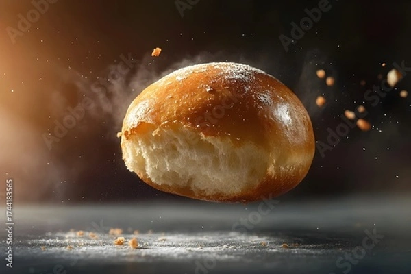 Fototapeta Golden brown bun with powdered sugar levitates in the air, promising bakery freshness and delightful taste for food ads and recipe blogs