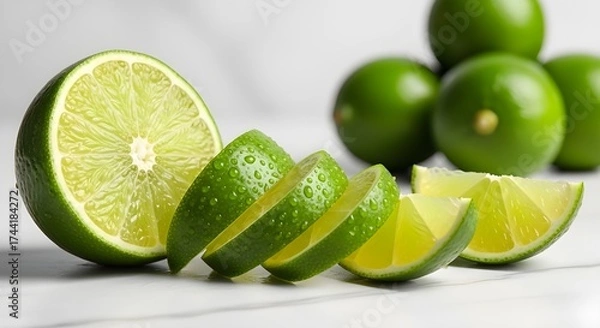 Fototapeta Freshly sliced limes with glistening droplets offer a vibrant zest for summer cocktails or healthy recipes and adds a refreshing touch