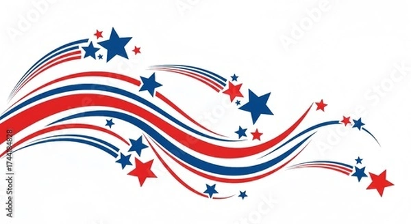 Obraz Abstract patriotic background with red and blue stars and flowing wavy stripes on a white backdrop.