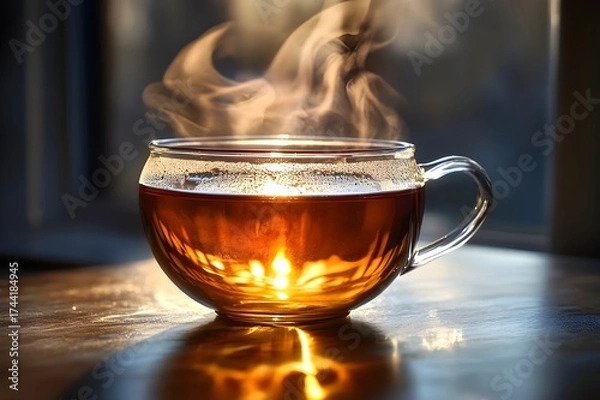 Obraz Enjoy the soothing aroma of hot tea in a glass cup, perfect for wellness blogs or relaxing afternoon moments, offering warmth and serenity