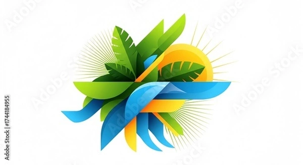 Obraz Abstract tropical nature vector illustration featuring a rising sun, green leaves, and blue water elements.