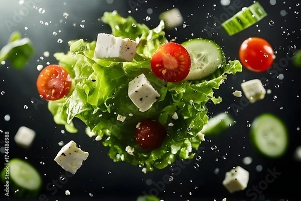 Fototapeta Fresh spring salad ingredients like feta, tomatoes, and cucumbers floating in the air for a vibrant, healthy lifestyle concept