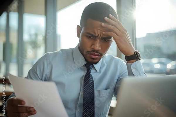 Fototapeta Stressed Businessman Reading Documents at Office