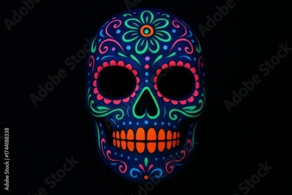 Fototapeta Fluorescent sugar skull mask glows vividly with neon flower patterns against a deep black background.