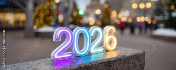 Fototapeta New year celebration 2026 in urban setting colorful display festive atmosphere cityscape view