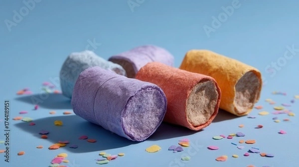 Fototapeta Colorful confetti party poppers studio setting photography fun atmosphere close-up view celebration concept