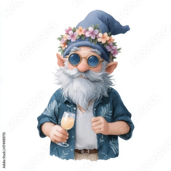 Fototapeta Relaxing gnome enjoying a tropical drink fantasy world character art whimsical full-color cheerful concept