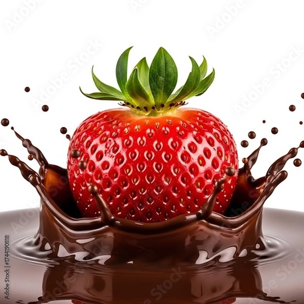 Fototapeta Red strawberry splashing into dark chocolate image