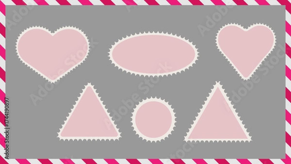 Fototapeta Post stamp heart frame. Postcard border template for vintage envelope paper design. Perforated retro boarder mockup with jagged edge realistic business illustration. Travel album label isolated set.