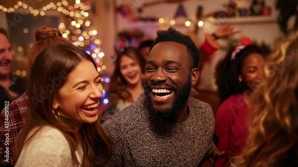 Fototapeta A lively group of friends enjoying a Christmas party, laughing and dancing together. The room is filled with festive decorations, and a Christmas tree sparkles in the background, creating a joyful at
