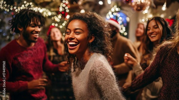 Fototapeta A lively group of friends enjoying a Christmas party, laughing and dancing together. The room is filled with festive decorations, and a Christmas tree sparkles in the background, creating a joyful at