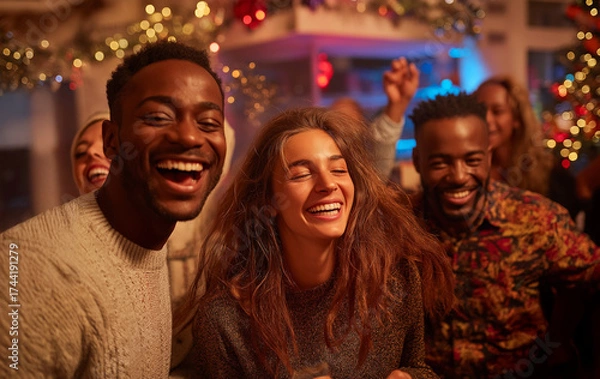 Fototapeta A lively group of friends enjoying a Christmas party, laughing and dancing together. The room is filled with festive decorations, and a Christmas tree sparkles in the background, creating a joyful at