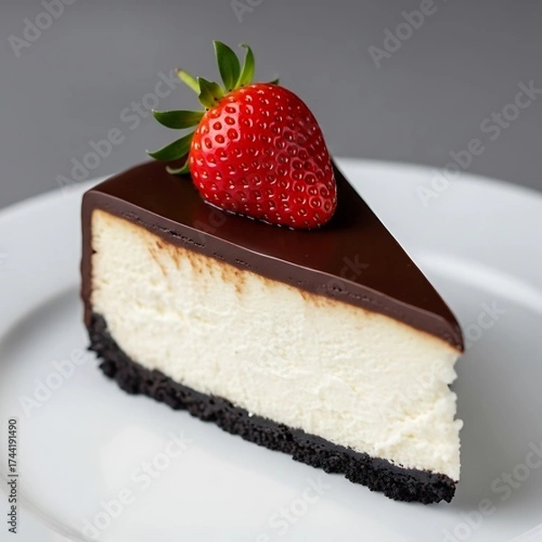 Fototapeta Slice of cheesecake with chocolate ganache and strawberry 2
