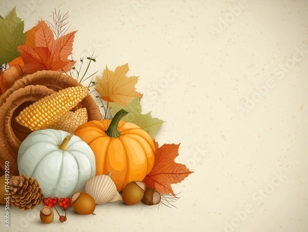 Fototapeta Vignette of Autumn Harvest Cornucopia Background