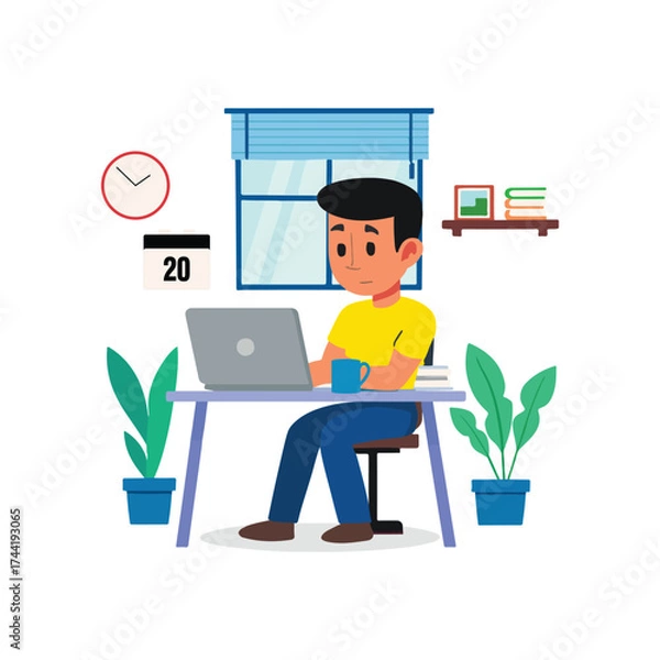 Obraz Work From Home Illustration — Remote Worker at Desk with Laptop