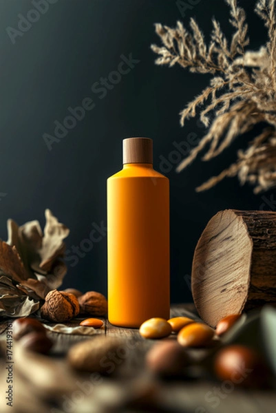 Fototapeta Orange and yellow matte cosmetic bottle on dark gray background, surrounded by macadamia nuts and natural ingredients. Soft, focused lighting on wooden surface for clean, sharp product presentation.
