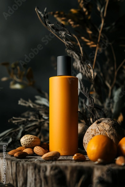 Fototapeta Orange and yellow matte cosmetic bottle on dark gray background, surrounded by macadamia nuts and natural ingredients. Soft, focused lighting on wooden surface for clean, sharp product presentation.