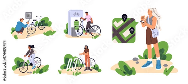 Obraz People rent bicycles by sharing service in phone set. Characters take rental bikes to cycling. Cyclists scan QR code, ride, parking transport to charge. Flat isolated vector illustrations on white.