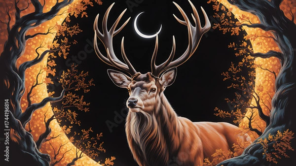 Fototapeta A graceful stag stands tall in the shadows, surrounded by twisted tree branches. The crescent moon behind it gives it an eerie feel.