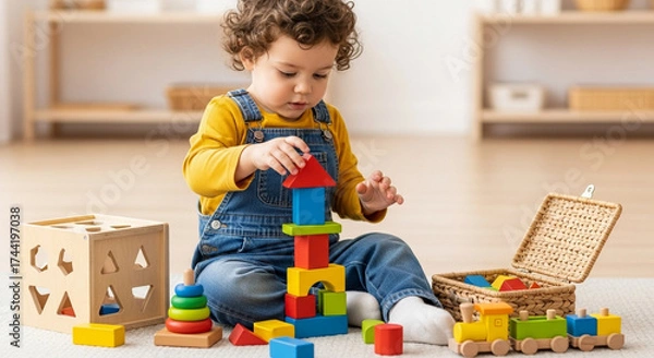 Fototapeta Cropped picture of a toddler building a tower with wooden blocks and playing games with montessori toys.