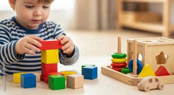 Fototapeta Cropped picture of a toddler building a tower with wooden blocks and playing games with montessori toys.