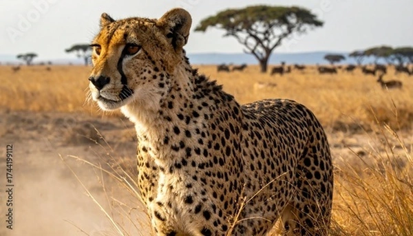 Obraz Absolutely! Here's a **natural-style image prompt** for a cheetah in the wild:

---

**Prompt (Natural Style Image Description):**

*A majestic cheetah stands alert on a sunlit savanna, its slender, m