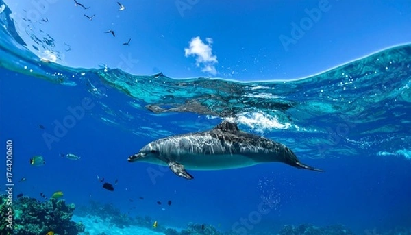 Obraz Sure! Here's a natural-style prompt to generate or describe a picture of a dolphin in its natural habitat:

---

**Prompt (Natural Style Image Description):**

*A graceful dolphin glides effortlessly 