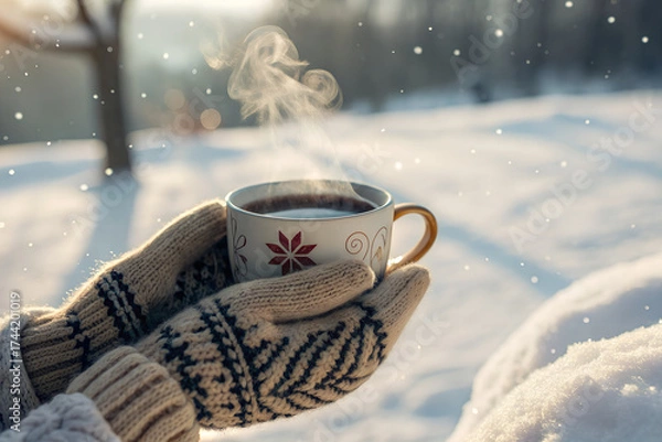 Fototapeta A steaming cup of herbal tea in a ceramic mug, gently held by hands in knitted winter gloves. Snowy outdoor background with soft falling snowflakes and warm steam rising from the mug. Cozy winter mood