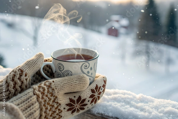 Fototapeta A steaming cup of herbal tea in a ceramic mug, gently held by hands in knitted winter gloves. Snowy outdoor background with soft falling snowflakes and warm steam rising from the mug. Cozy winter mood