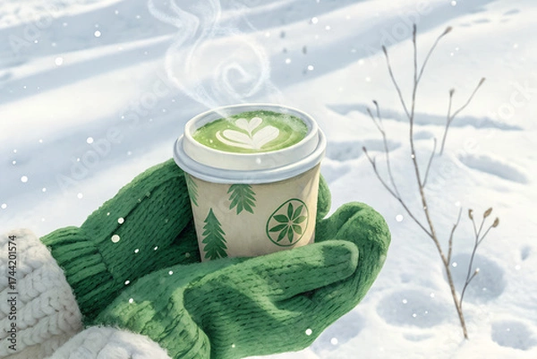 Fototapeta A frothy matcha latte in a takeaway cup, wrapped in green wool gloves. Visible steam rising into the crisp winter air, with a snowy background. Hand-painted watercolor design, soft pastel green 