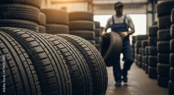 Fototapeta Selective focus on piles of tire with african american auto mechanic carrying tires in a blurry background.