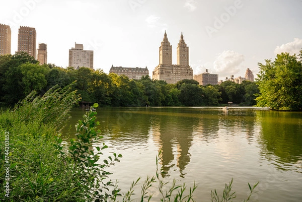 Fototapeta The skyline of Manhattan reflects beautifully in the calm lake of Central Park during golden hour. Lush trees, soft clouds, and peaceful water create a serene urban landscape.