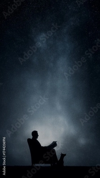 Fototapeta The silhouette of a man sitting in an armchair and reading a newspaper under the starry night sky with a faithful companion dog, and the glowing Milky Way.