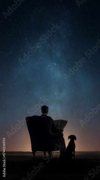 Fototapeta  A man reads a newspaper, sitting in an armchair with a faithful companion dog Under a huge starry night sky at dusk, with a soft glow of the horizon and a peaceful atmosphere.